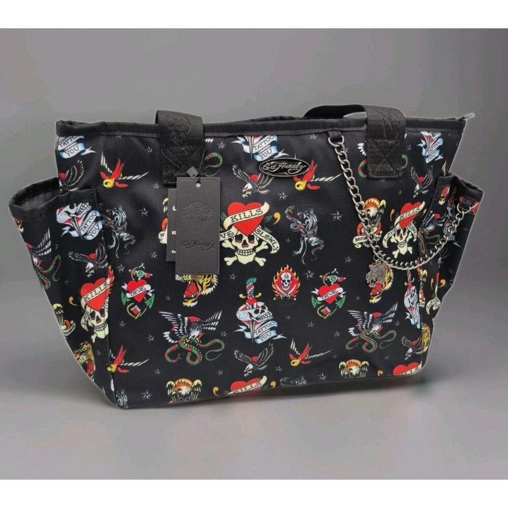 Ed Hardy Lunch Tote Bag Thermal Insulated Black Tattoo Print Chain Detail Nwt